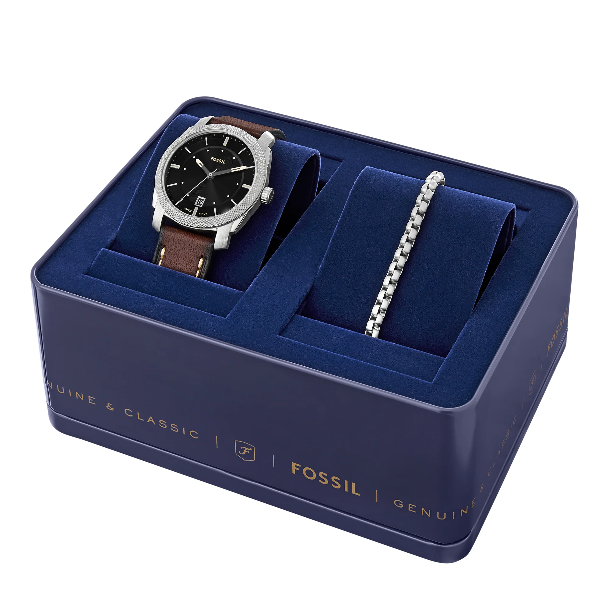 Machine Three-Hand Date Brown Leather Watch and Bracelet Set - Image 4