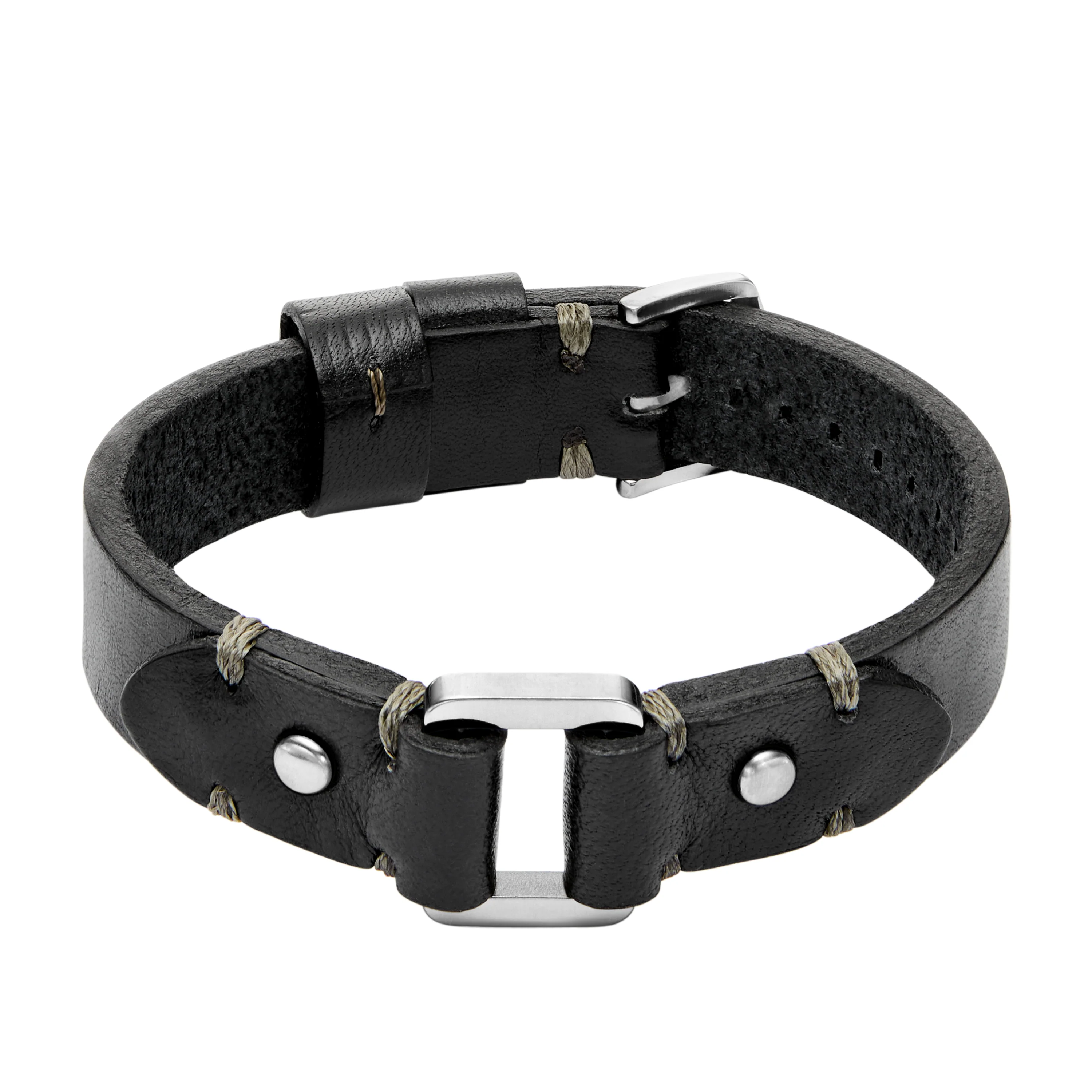 Machine Rugged Stainless Steel and Black Leather Strap Bracelet
