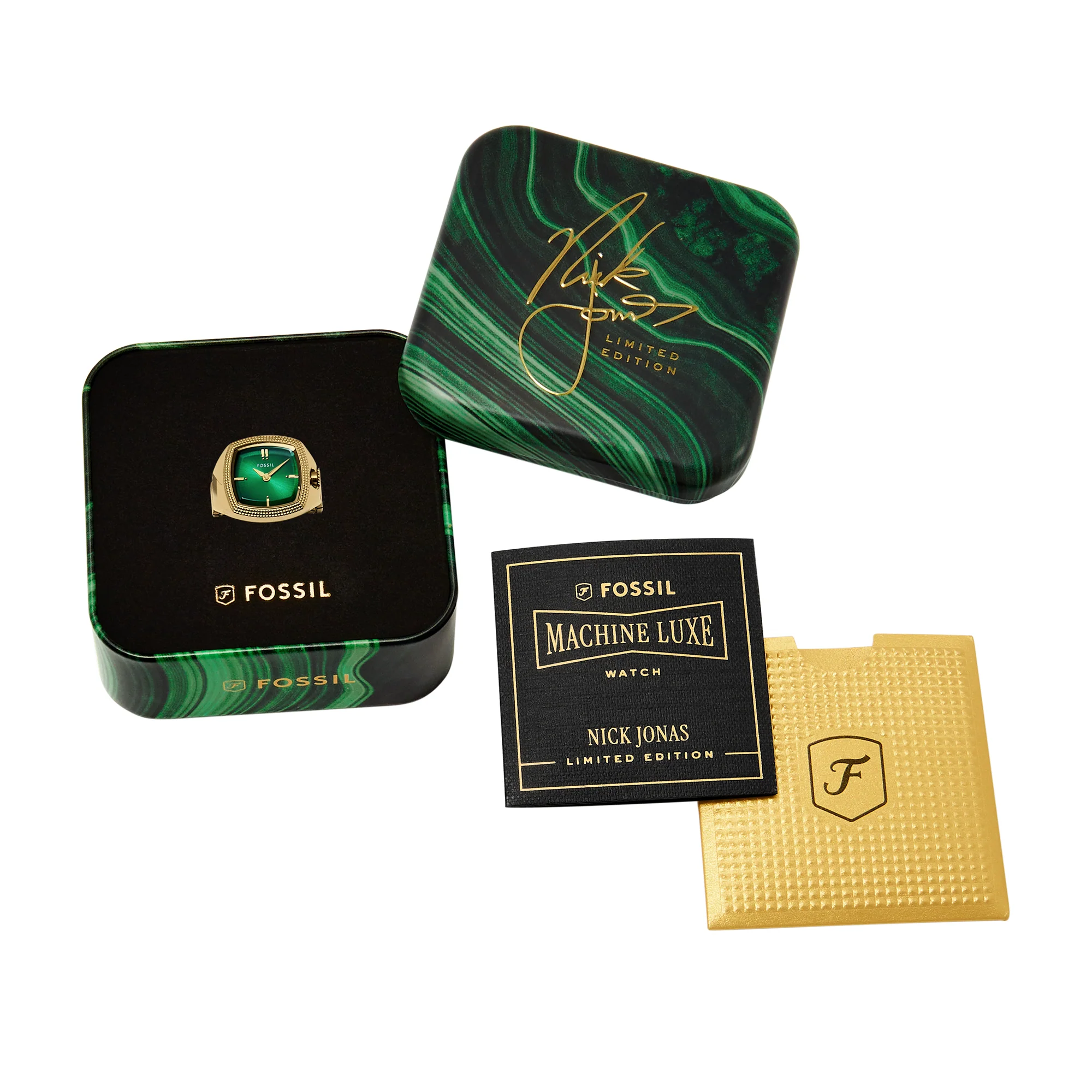 Nick Jonas x Fossil Machine Luxe Green Vignette Two-Hand Gold-Tone Stainless Steel Watch Ring - Image 6
